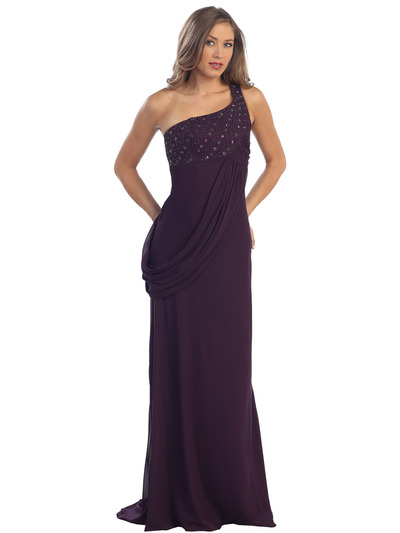 S29971 One Shoulder Beaded Prom Dress - Plum, Front View Medium
