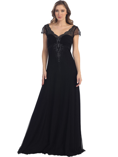 S30139 Romantic Chiffon Evening Gown - Black, Front View Medium
