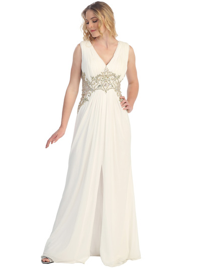 S30255 Sequins and Stones Chiffon Evening Dress - Off White, Front View Medium
