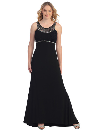 S30292 Pleated Bust Rhinestone Trim Evening Dress - Black, Front View Medium