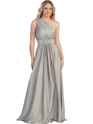 S30303 Elegance One Shoulder Satin Evening Gown, Silver