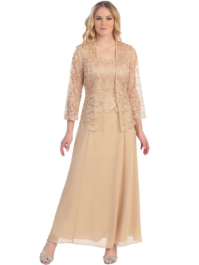 S8466 Long Evening Dress with 3/4 Sleeve Lace Jacket - Gold, Front View Medium