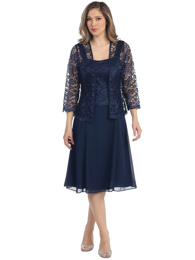 S8485 Knee Length Cocktail Dress with Lace Bolero - Navy, Front View Medium
