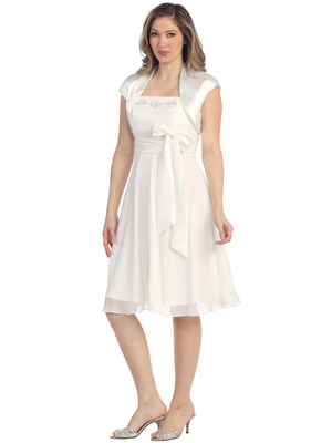 S8573 Cap Sleeve Knee Length Cocktail Dress with Sash, White
