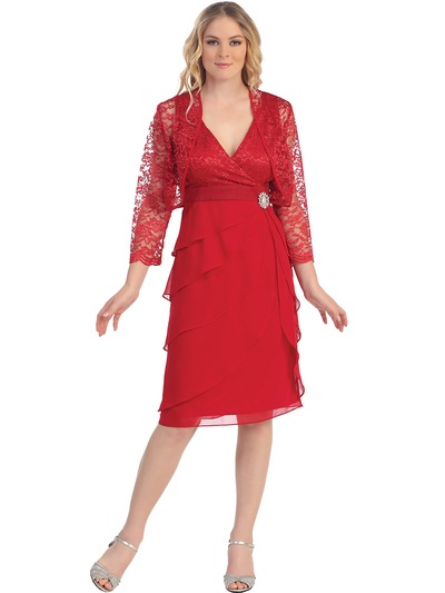 S8723 Lace and Layers Cocktail Dress with Bolero - Red, Front View Medium