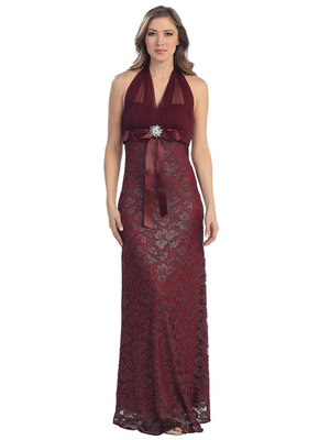 S8725 Illusion Halter Lace Overlay Evening Dress, Burgundy