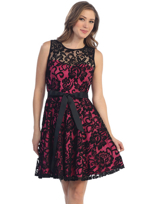 S8741 Lace Overlay Cocktail Dress with Sash, Black Fuschia