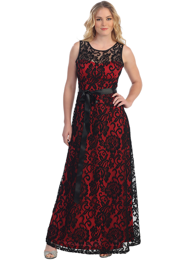 S8749 Sleeveless Lace Overlay Long Evening Dress - Black Red, Front View Medium