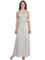 S8749 Sleeveless Lace Overlay Long Evening Dress - Silver, Front View Thumbnail