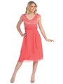 S8762 Cap-sleeve Tea Length Dress - Coral, Front View Thumbnail