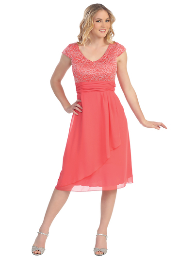 S8762 Cap-sleeve Tea Length Dress - Coral, Front View Medium
