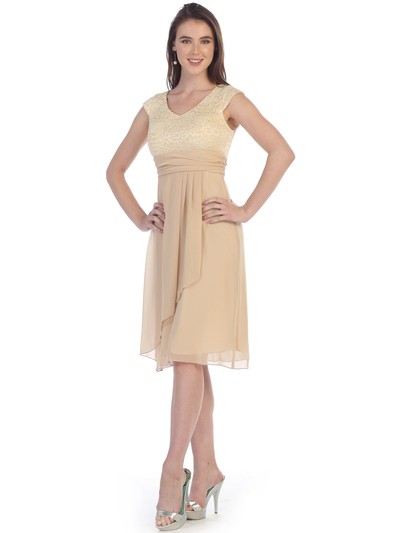 S8762 Cap-sleeve Tea Length Dress - Khaki, Front View Medium