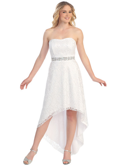 S8763 Lace Strapless High Low Cocktail Dress - White, Front View Medium