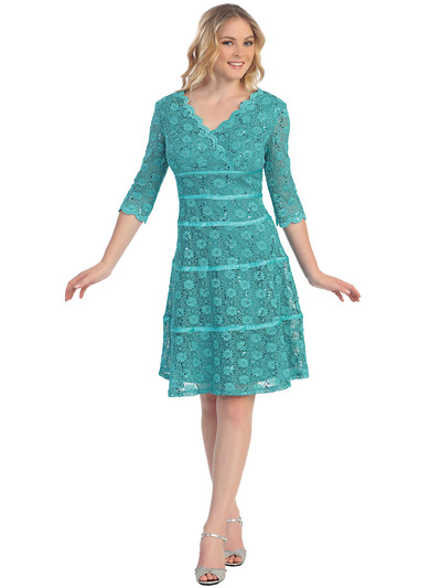 S8765 Retro Chic 3/4 Sleeve Cocktail Dress - Teal, Front View Medium