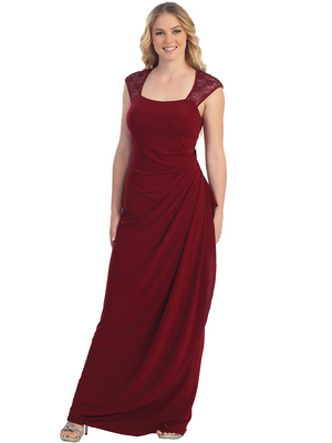 S8766 Lace Cap Sleeve Evening Gown, Burgundy