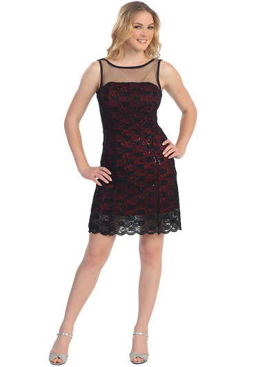 S8770 Texture Tease Lace Cocktail Dress - Black Red, Front View Medium
