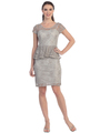 S8782 Short Sleeve Lace Overlay Cocktail Dress  - Silver, Front View Thumbnail