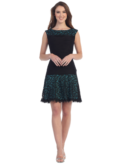 S8783 Boat Neckline Sleeveless Lace Cocktail Dress - Black Teal, Front View Medium