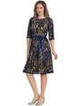 S8791 Lace Three Quarter Sleeve Cocktail Dress - Navy Gold, Front View Thumbnail
