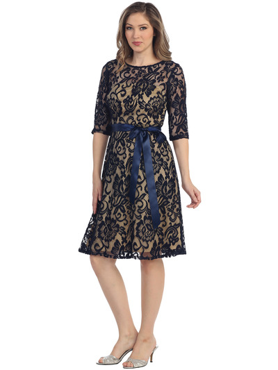 S8791 Lace Three Quarter Sleeve Cocktail Dress - Navy Gold, Front View Medium