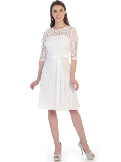 S8791 Lace Three Quarter Sleeve Cocktail Dress - White, Front View Medium