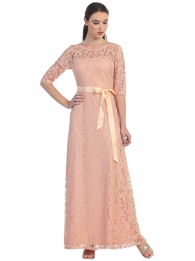 S8793 Three Quarter Sleeve Lace Evening Dress - Peach, Front View Medium