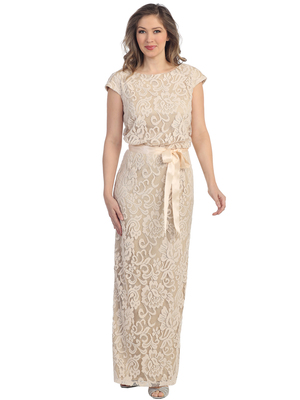 S8794 Cap Sleeve Lace Overlay Evening Dress with Sash Belt, Khaki