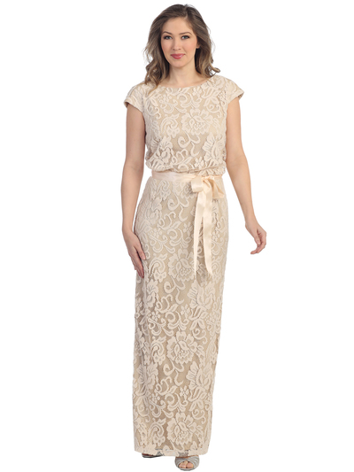 S8794 Cap Sleeve Lace Overlay Evening Dress with Sash Belt - Khaki, Front View Medium