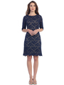 S8795 Boat Neckline Three Quarter Sleeve Cocktail Dress - Navy Gold, Front View Thumbnail