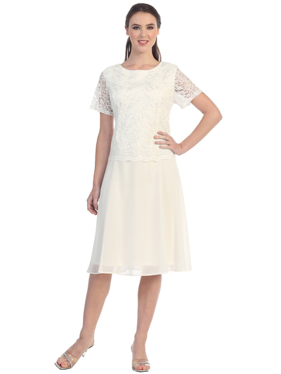 S8799 Short Sleeve Tea Length Cocktail Dress - Off White, Front View Medium
