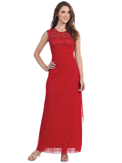 S8800 Sleeveless Lace Bodice Evening Dress - Red, Front View Medium