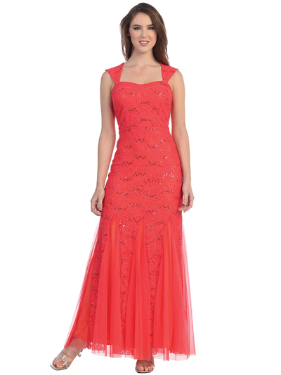 S8801 Wide Strap Lace Evening Dress with Godet Hem - Coral, Front View Medium