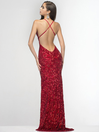 SC47515 Plunge Bead and Sequin Prom Dress by Scala - Red, Back View Medium