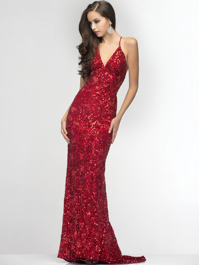 SC47515 Plunge Bead and Sequin Prom Dress by Scala - Red, Front View Medium