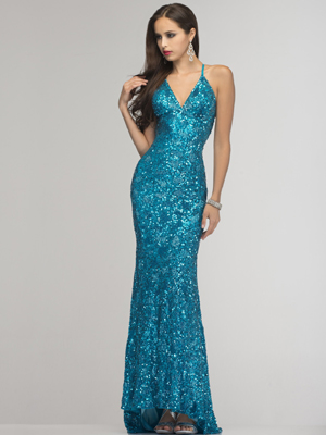 SC47515 Plunge Bead and Sequin Prom Dress by Scala, Turquoise