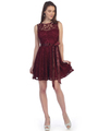 SF-8760 Sleeveless Lace Cocktail Dress - Burgundy, Front View Thumbnail