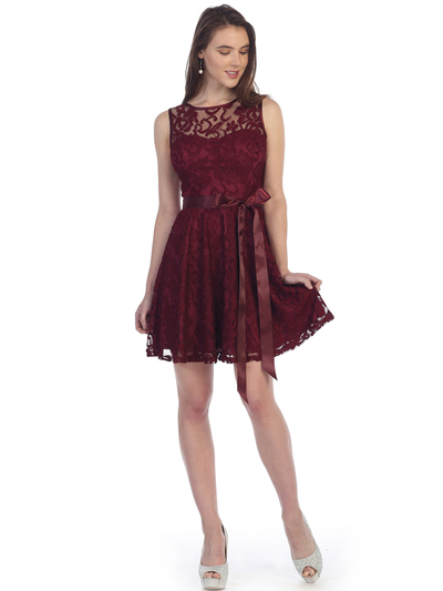 SF-8760 Sleeveless Lace Cocktail Dress - Burgundy, Front View Medium