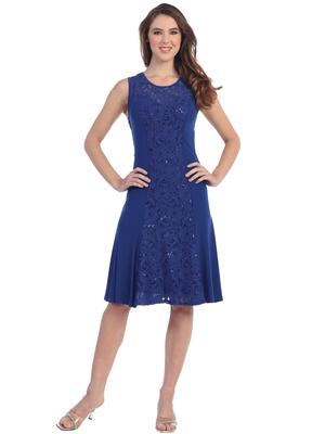 SF-8807 Knee Length Cocktail Dress with Lace, Royal Blue