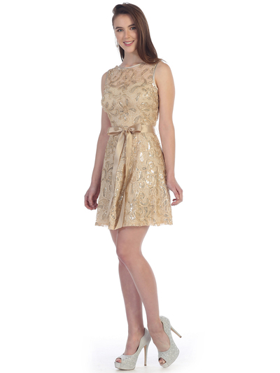 SF-8816 Sleeveless Lace Short Cocktail Dress - Gold, Front View Medium