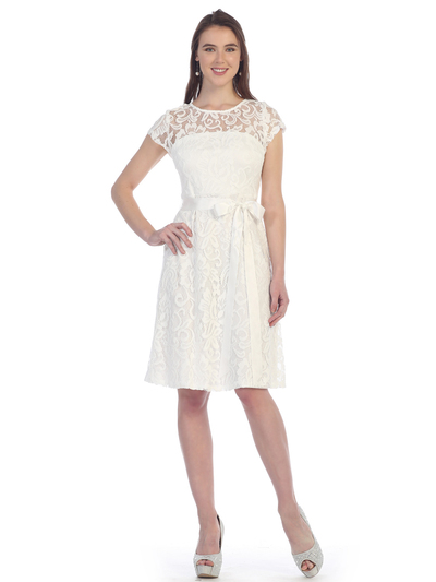 SF-8826 Lace Overlay Cocktail Dress with Sash - Off White, Front View Medium