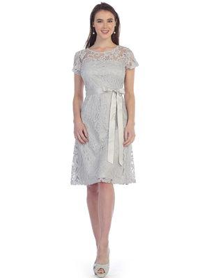 SF-8826 Lace Overlay Cocktail Dress with Sash, Silver