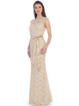 SF-8834 Lace Overlay Evening Dress with Sash - Khaki, Front View Thumbnail