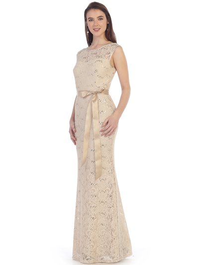 SF-8834 Lace Overlay Evening Dress with Sash - Khaki, Front View Medium
