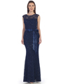 SF-8834 Lace Overlay Evening Dress with Sash - Navy, Front View Thumbnail