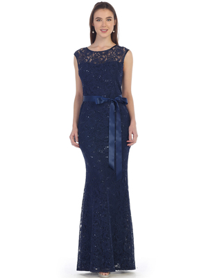 SF-8834 Lace Overlay Evening Dress with Sash, Navy