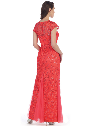 SF-8835 Sleeveless Chiffon Long Evening Dress - Coral, Back View Medium