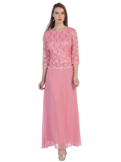 SF-8837 Three-Quarter Sleeve Lace Overlay Evening Dress - Dusty Rose, Front View Medium