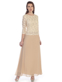 SF-8837 Three-Quarter Sleeve Lace Overlay Evening Dress - Gold, Front View Thumbnail