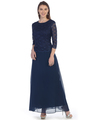 SF-8837 Three-Quarter Sleeve Lace Overlay Evening Dress - Navy, Front View Thumbnail