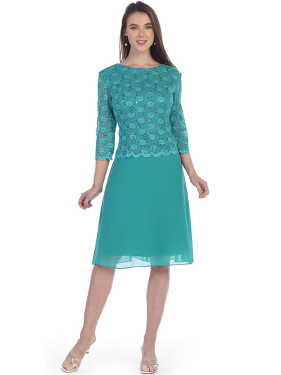 SF-8838 Three-Quarter Sleeve Lace Overlay Cocktail Dress - Jade, Front View Medium
